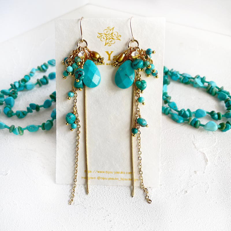 ブルー ターコイズ ロング チェーン ピアス・イヤリング 大ぶり ゴールド 14KGF 天然 ターコイズ イヤリング