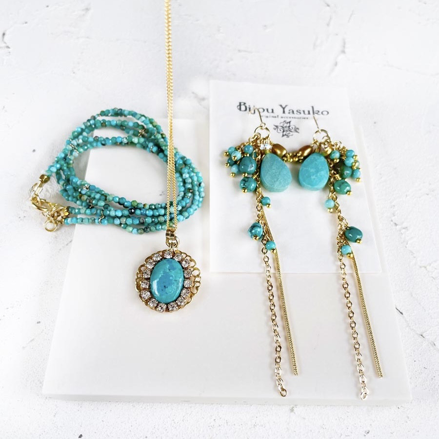 ブルー ターコイズ ロング チェーン ピアス・イヤリング 大ぶり ゴールド 14KGF 天然 ターコイズ イヤリング