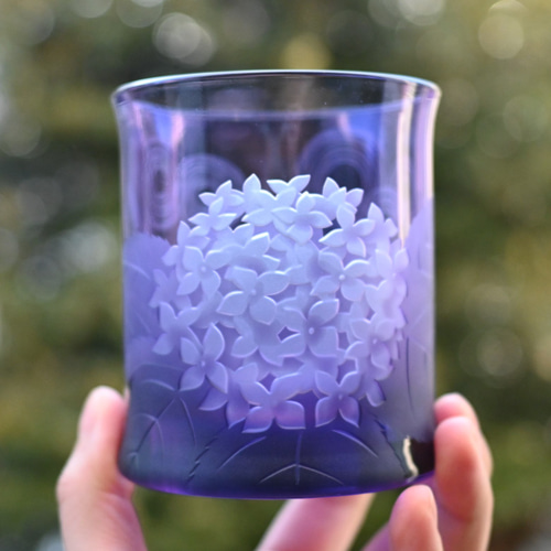 紫陽花」水紋 薄紫 ロックグラス サンドブラスト グラス 恋するグラス