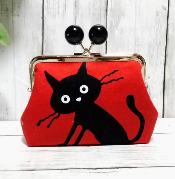 猫 黒猫 赤 あめ玉 角型がま口 親子がま口 お財布ポーチ 小銭入れ  