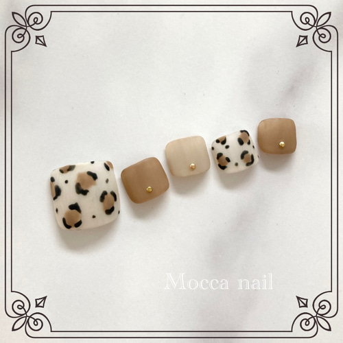 176】レオパード×ベージュブラウン マット フットネイルチップ  
