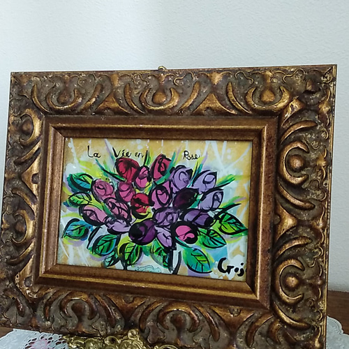 3色の薔薇　絵画　ヴィンテージ ラヴィアンロース（バラ色の人生 ガラス絵) 版画 ラヴィアン