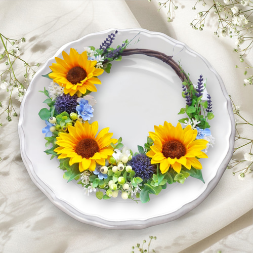ひまわりとブルーのお花のナチュラルグリーンリース/アーティ