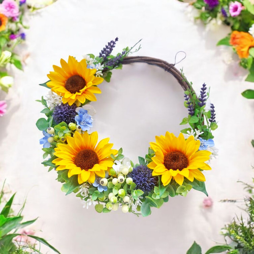ひまわりとマスカットとお花のリース ひまわり  フラワーリース  造花 ひまわりとブルーのお花のナチュラルグリーンリース/アーティ