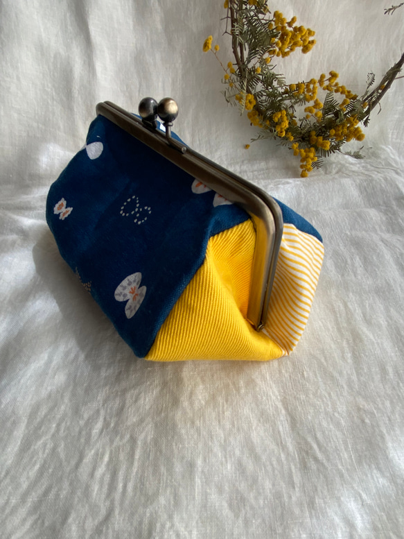再販➆ 北欧ネイビーリボン ちょうちょ×イエロー細ストライプ がま口  