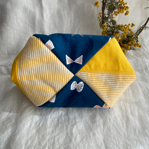 再販➆ 北欧ネイビーリボン ちょうちょ×イエロー細ストライプ がま口  