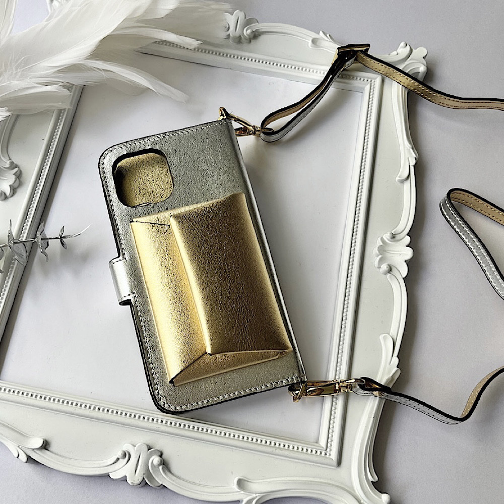 手帳型スマホケース バイカラー　本革　名入れ可　カード収納　ショルダー付き　silver+gold　　レザー