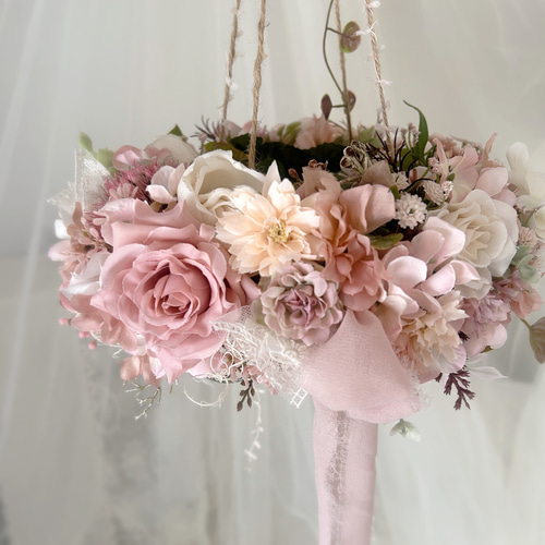 アンティークピンクローズと紫陽花のフライングリース シャビーシック