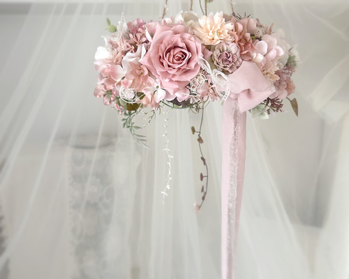 アンティークピンクローズと紫陽花のフライングリース シャビーシック