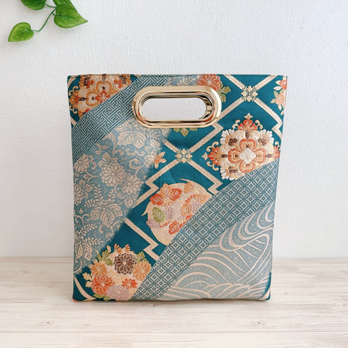 メタリックグリーン 帯リメイクバッグ クラッチ&ポシェット2way 斜