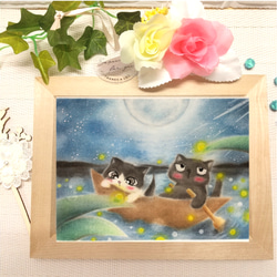 ◇原画◇ 『 川 辺の ホタル もこれまた綺麗だニャー♪』猫 癒し