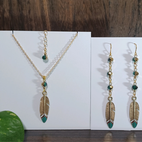 インディアン꧂ジュエリー フェザー3連ピアス・ネックレスSet No.1596 