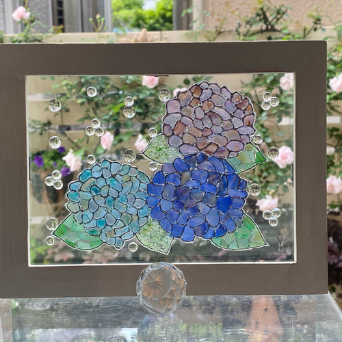 紫陽花と蝶　シーグラス／天然石／フレームアート／花／パープル 紫陽花と蝶 シーグラス／天然石／フレームアート／花／パープル 紫陽花