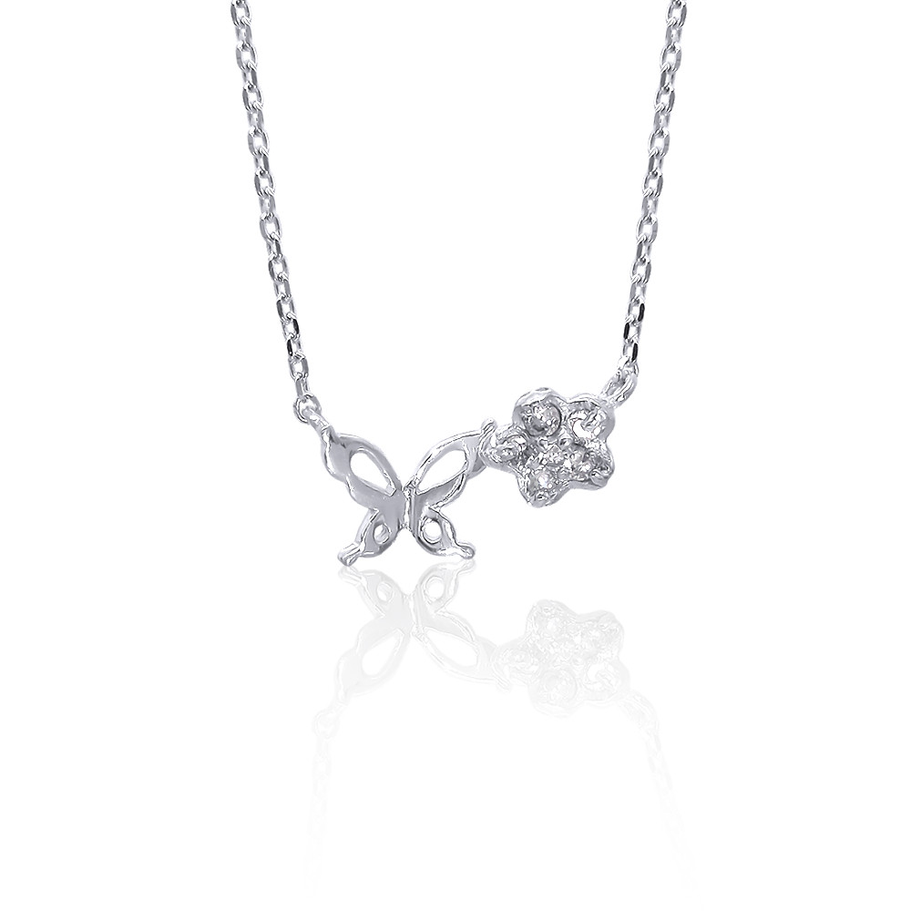 【在庫1点あり】K18ホワイトゴールド 天然ダイヤモンド 銀の蝶 と 花 モチーフ アズキチェーン ネックレス 美輪宝石