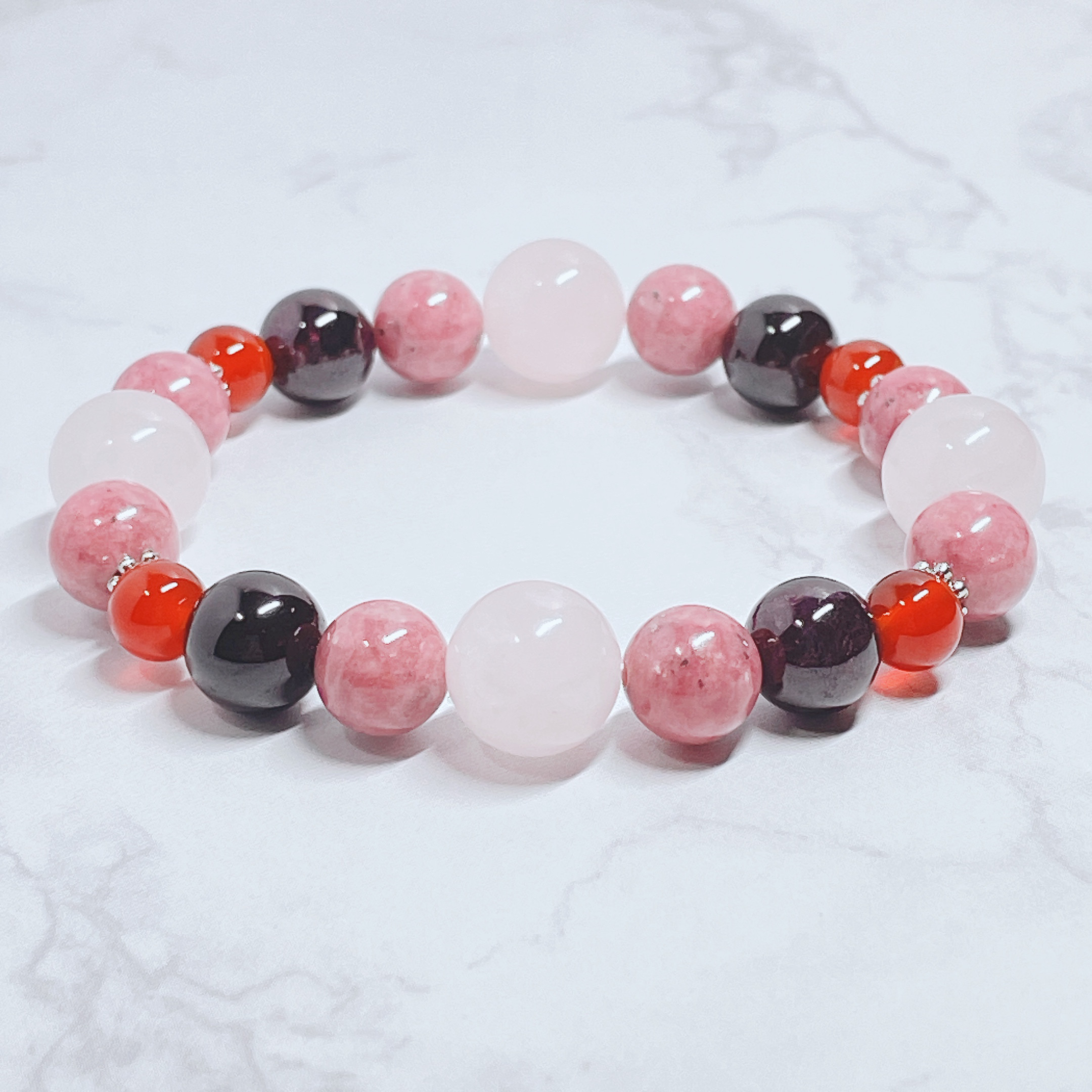 ✦素直な感情を引出し、良好な対人関係へ ローズクオーツ・ロードナイト・ガーネット 天然石 ブレスレット No714 7,268円