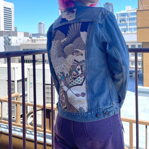 着物リメイク ヴィンテージデニムジャケット 鷹の着物 1点もの Gジャン