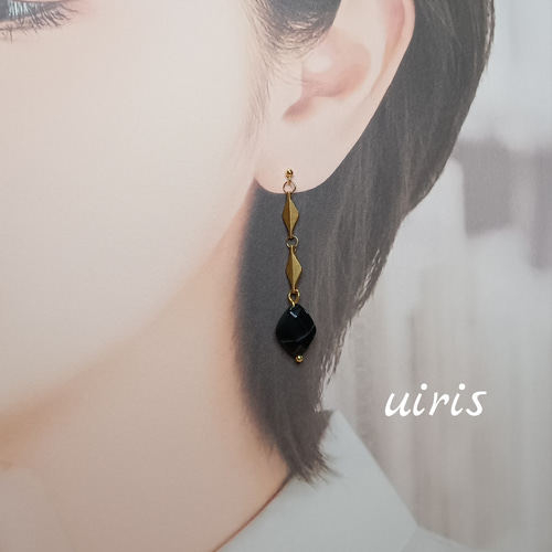 チェーン × ひし形 ビーズ ピアス / イヤリング 黒 サージカル