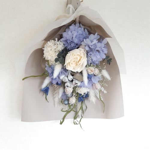 ブルーの紫陽花たっぷり プリザーブド・ドライフラワースワッグ ブーケ  