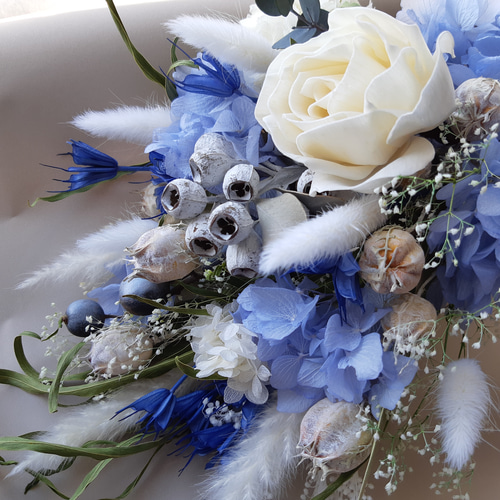 ブルーの紫陽花たっぷり プリザーブド・ドライフラワースワッグ ブーケ 