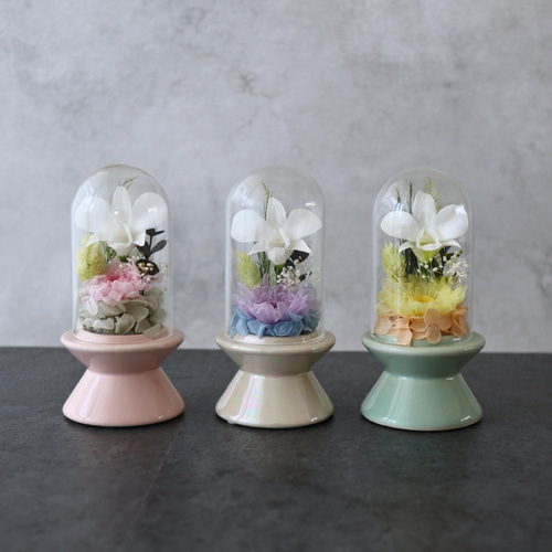 コンパクトなお仏壇にぴったりなプチサイズ感 ガラスドーム仏花(全3色