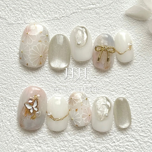 淡色 和柄ネイルチップ 結婚式 白無垢 成人式 振袖 ブライダル  
