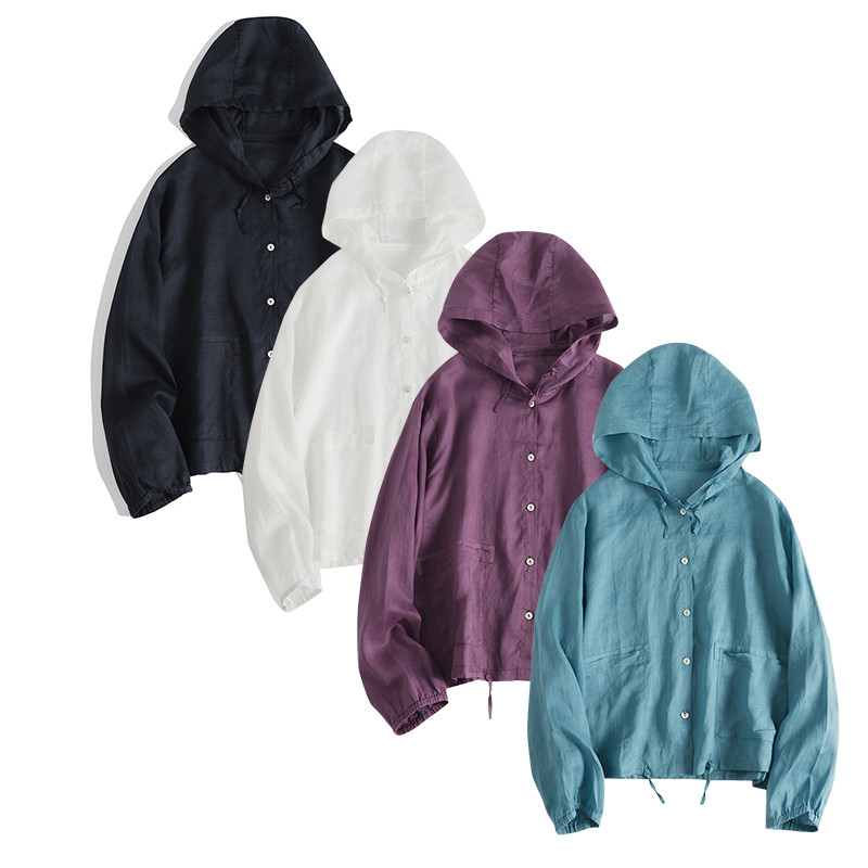 日焼け防止リネンシャツ　フード付きリネン混紡シャツ　薄くて涼しいシャツ　4色　フリーサイズ　L379
