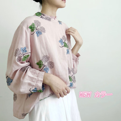 【数量限定♡紫陽花刺繍】リネンコン＊アンティーク風花柄刺繍大きなバルーンスリーブブラウス*T-145 14枚目の画像