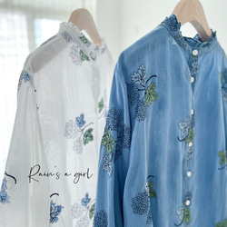 【数量限定♡紫陽花刺繍】リネンコン＊アンティーク風花柄刺繍大きなバルーンスリーブブラウス*T-145 13枚目の画像