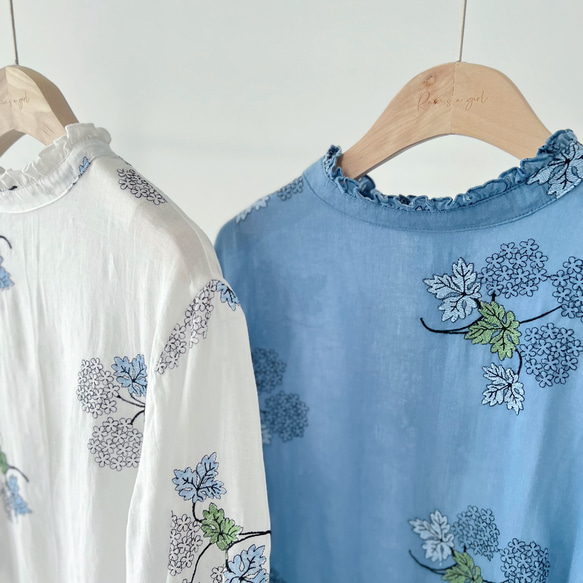 【数量限定♡紫陽花刺繍】リネンコン＊アンティーク風花柄刺繍大きなバルーンスリーブブラウス*T-145 11枚目の画像