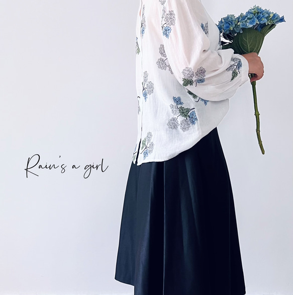【数量限定♡紫陽花刺繍】リネンコン＊アンティーク風花柄刺繍大きなバルーンスリーブブラウス*T-145 8枚目の画像