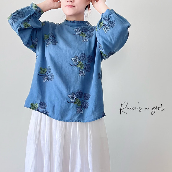 【数量限定♡紫陽花刺繍】リネンコン＊アンティーク風花柄刺繍大きなバルーンスリーブブラウス*T-145 4枚目の画像