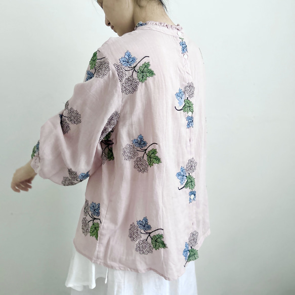 【数量限定♡紫陽花刺繍】リネンコン＊アンティーク風花柄刺繍大きなバルーンスリーブブラウス*T-145 17枚目の画像