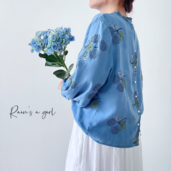 【数量限定♡紫陽花刺繍】リネンコン＊アンティーク風花柄刺繍大きなバルーンスリーブブラウス*T-145 1枚目の画像