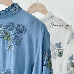 【数量限定♡紫陽花刺繍】リネンコン＊アンティーク風花柄刺繍大きなバルーンスリーブブラウス*T-145 2枚目の画像