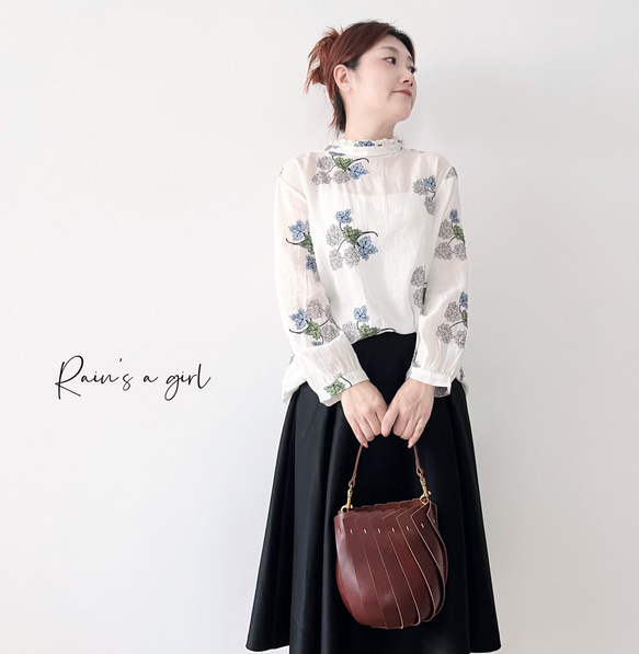 【数量限定♡紫陽花刺繍】リネンコン＊アンティーク風花柄刺繍大きなバルーンスリーブブラウス*T-145 7枚目の画像