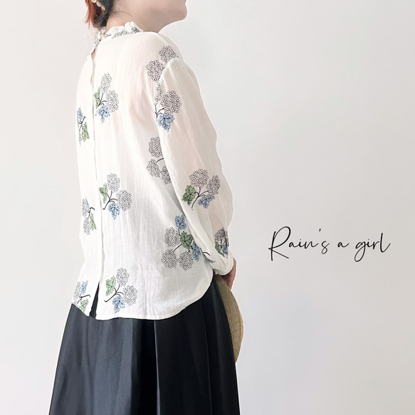 【数量限定♡紫陽花刺繍】リネンコン＊アンティーク風花柄刺繍大きなバルーンスリーブブラウス*T-145 6枚目の画像