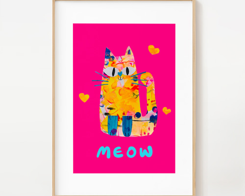 カラフルな猫の手描き絵画 A4サイズ カラフル猫 A4 ポスター 送料無料 壁飾り 絵画 インテリア 絵画