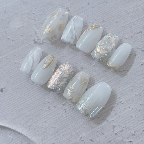 #003 シアーホワイトネイル　ネイルチップ　ニュアンスネイル　ミラーネイル ミラーフラワー＆シアーホワイト/ネイルチップ ネイルチップ（つけ爪
