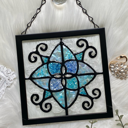 ブルー系お花モチーフ レース水玉柄 インテリアフレーム ⭐︎ シェル