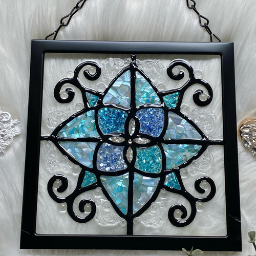 ブルー系お花モチーフ レース水玉柄 インテリアフレーム ⭐︎ シェル