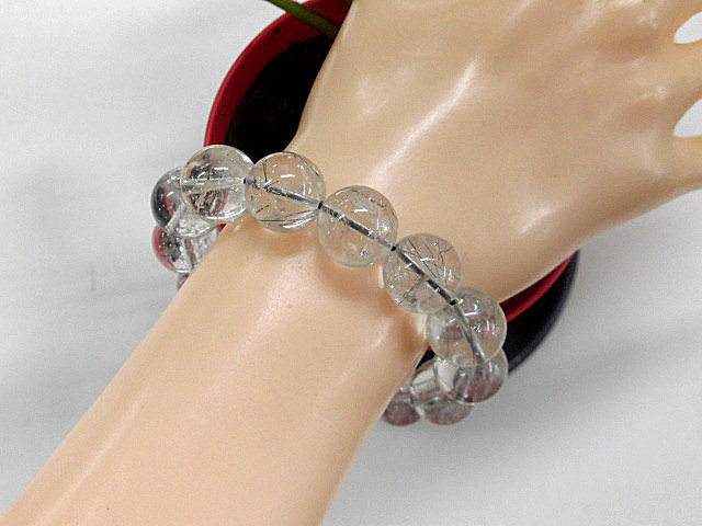 天然石 黒プラチナルチルクォーツ14.2～14.8mm玉ブレスレット 内周18.2cm　　240101372