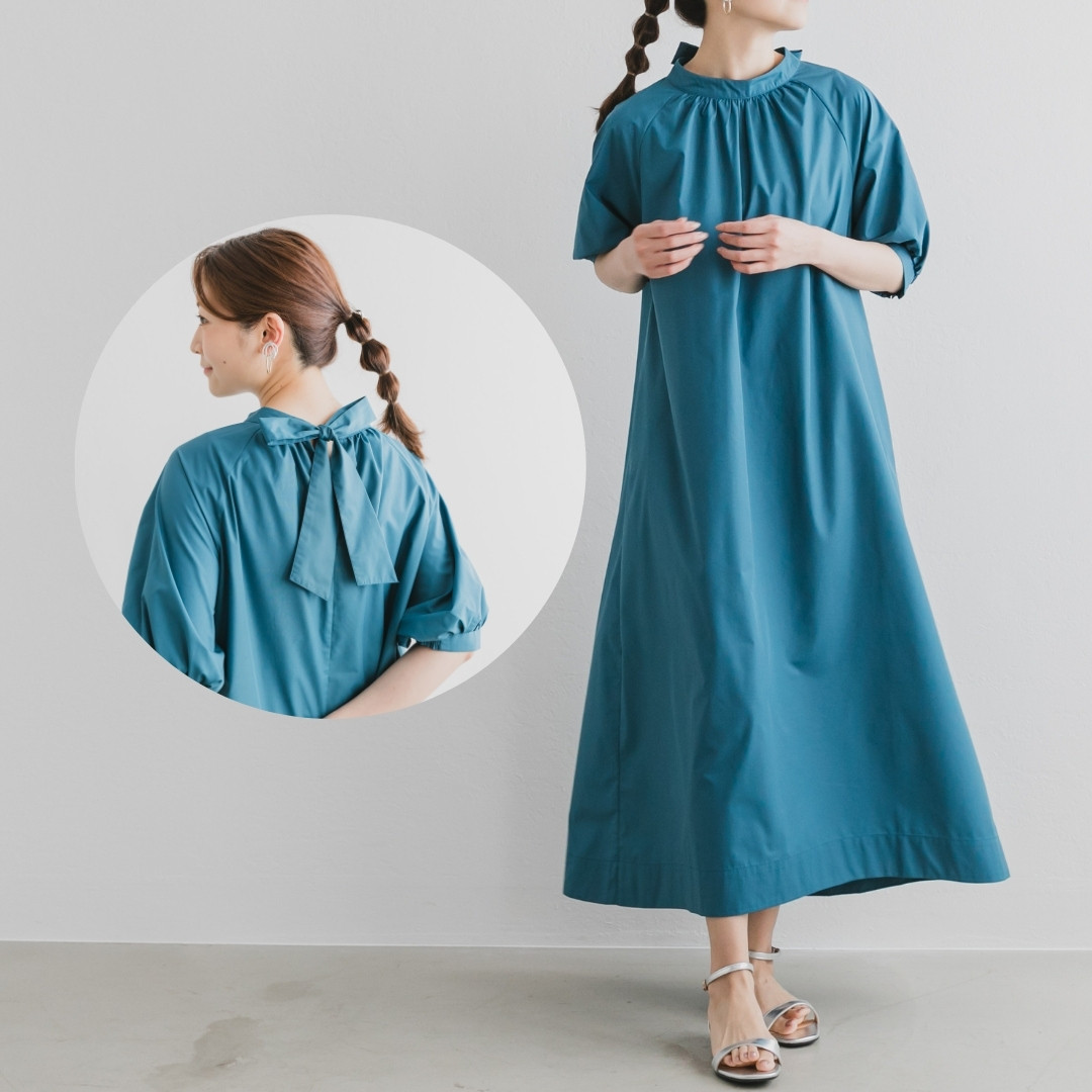 ちび襟後ろリボンギャザーワンピース長袖 美シルエットで大人気♡オシャレしながら体型カバー 後ろリボン