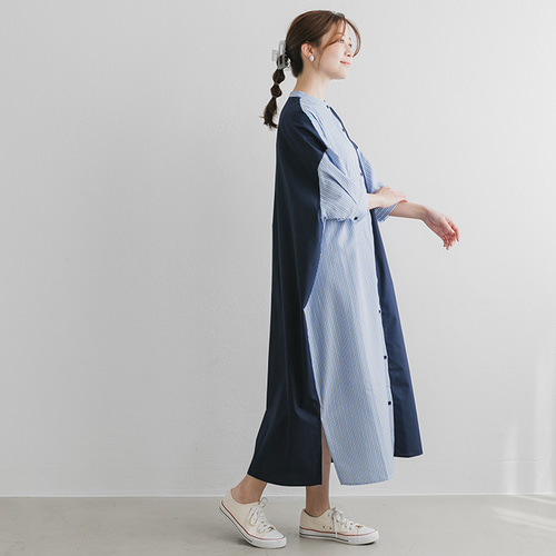 SALE】周りと差がつく大人のワンピ バイカラー 半袖 ストライプ シャツ