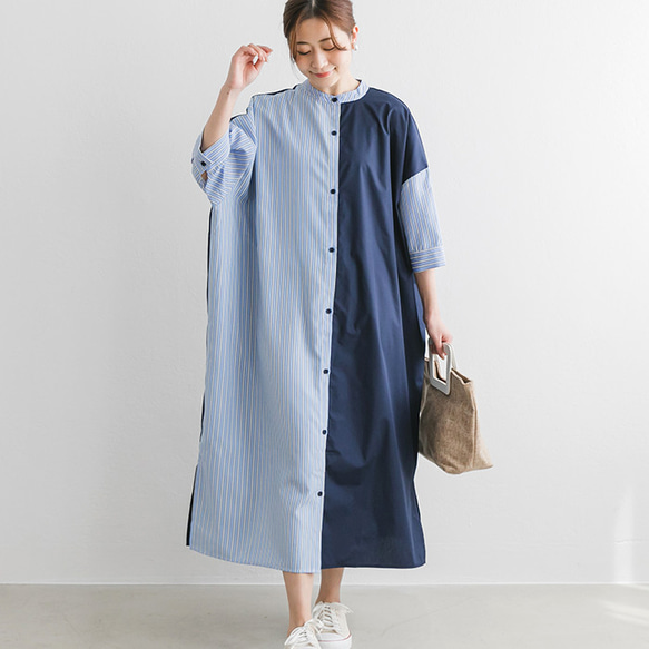 SALE】周りと差がつく大人のワンピ バイカラー 半袖 ストライプ