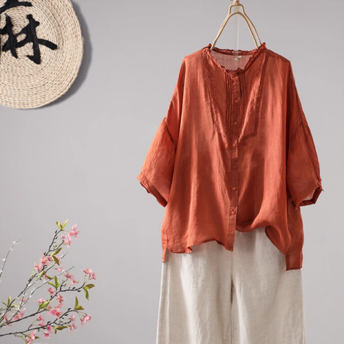 受注制作】麻100％シャツ. 刺繡麻シャツ 五分袖Tシャツ 多色.トップス