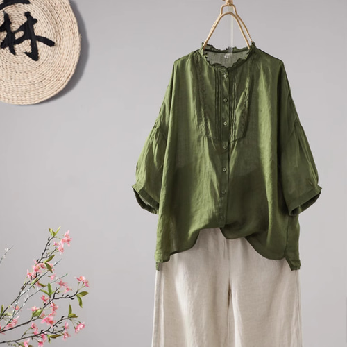 受注制作】麻100％シャツ. 刺繡麻シャツ 五分袖Tシャツ 多色.トップス