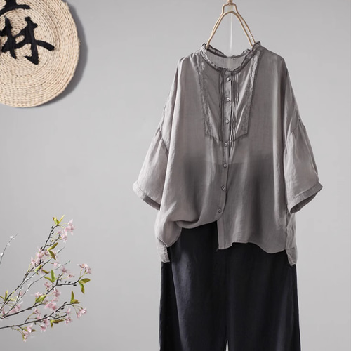 受注制作】麻100％シャツ. 刺繡麻シャツ 五分袖Tシャツ 多色.トップス