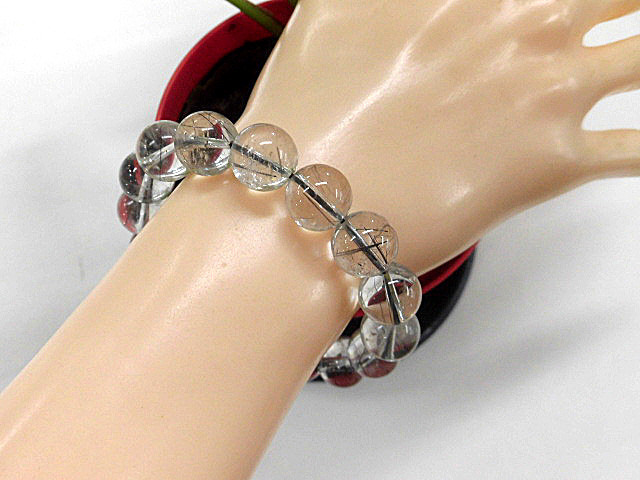 天然石 黒プラチナルチルクォーツ12.4～12.8mm玉ブレスレット 内周18.3cm　　240101373