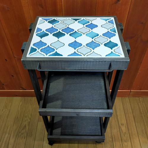 【新作】ランタンタイルのキッチンワゴン【handmade】ブラック×グレー ランタンタイルのキッチンワゴン【handmade】「レイク」 棚・シェルフ