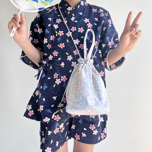 2WAY◇紫陽花柄のくったり丸底巾着 ピンク 祭・浴衣・甚平にも◎ 紐の 